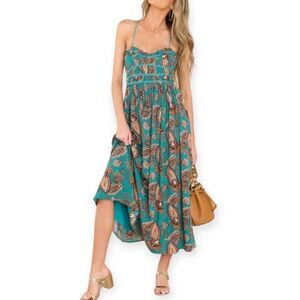 MILLIBON RED DRESS BOUTIQUE Timeless Moments Turquoise Blue Floral Print Midi Dr
